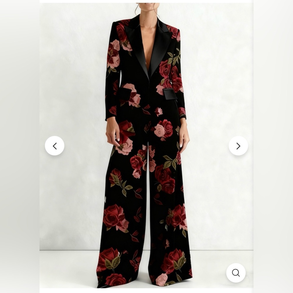 Floral Velvet Wide-Leg Pantsuit in Black with Red Roses